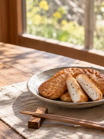 窓辺の食卓に並ぶ焼いたさつま揚げとしょうが
