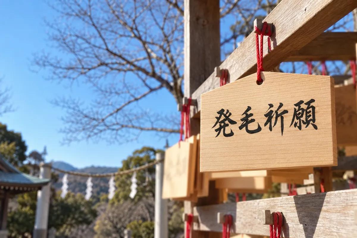 「発毛祈願」と書かれた絵馬が掛かる元日の神社
