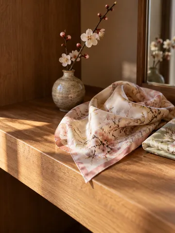 クローゼットの棚に置かれた三角と四角のスカーフ