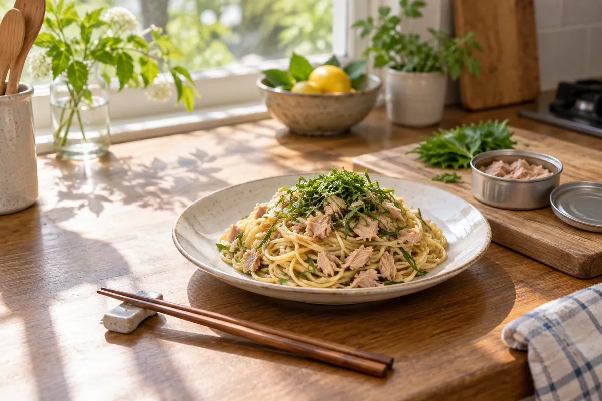 ツナを和えたパスタと、ほぐしたツナの小鉢