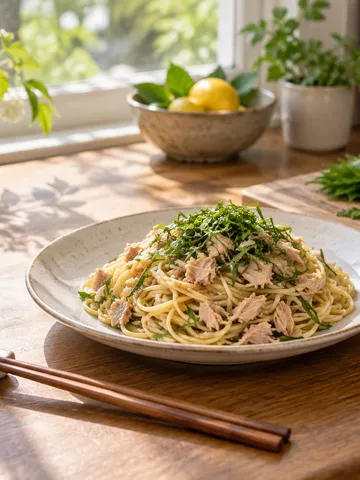 ツナを和えたパスタと、ほぐしたツナの小鉢