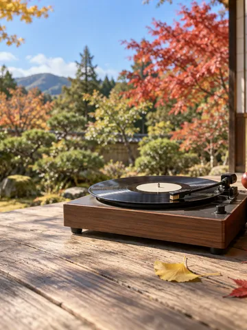縁側のレコードプレーヤーと赤い天狗の面