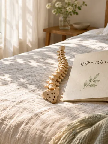 「背骨のはなし」の本と木製の背骨の模型
