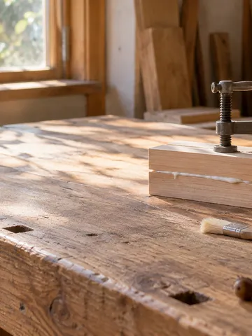 木片を貼り合わせてクランプで留めた作業台