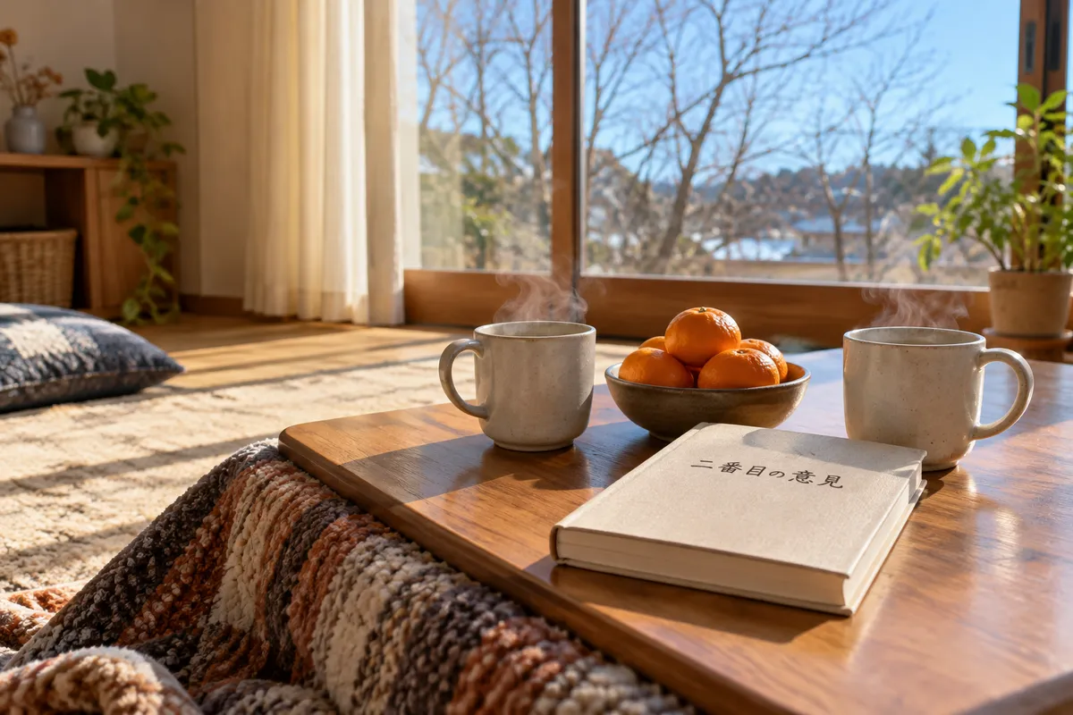 こたつの上の「二番目の意見」の本とみかん、白湯