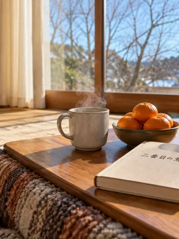 こたつの上の「二番目の意見」の本とみかん、白湯