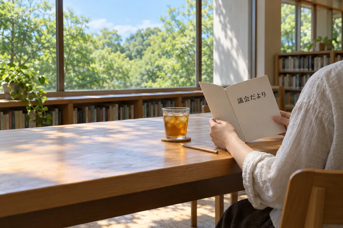 図書館で議会だよりを読む人の手元