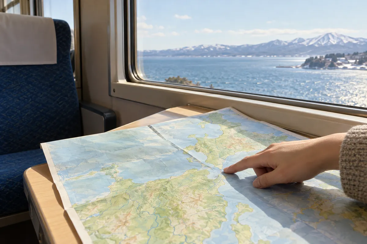 列車の座席で地図の海峡を指でなぞる手元