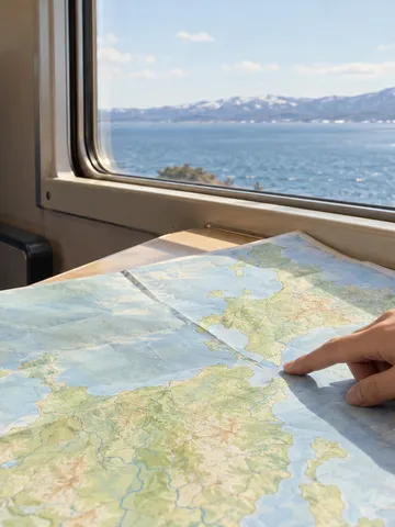 列車の座席で地図の海峡を指でなぞる手元