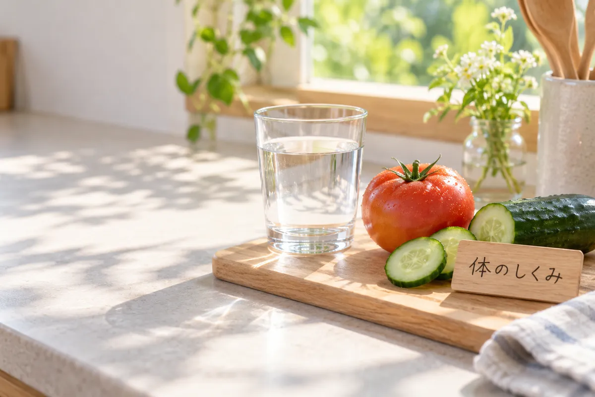 「体のしくみ」と書かれた木の札と夏野菜、水のグラス