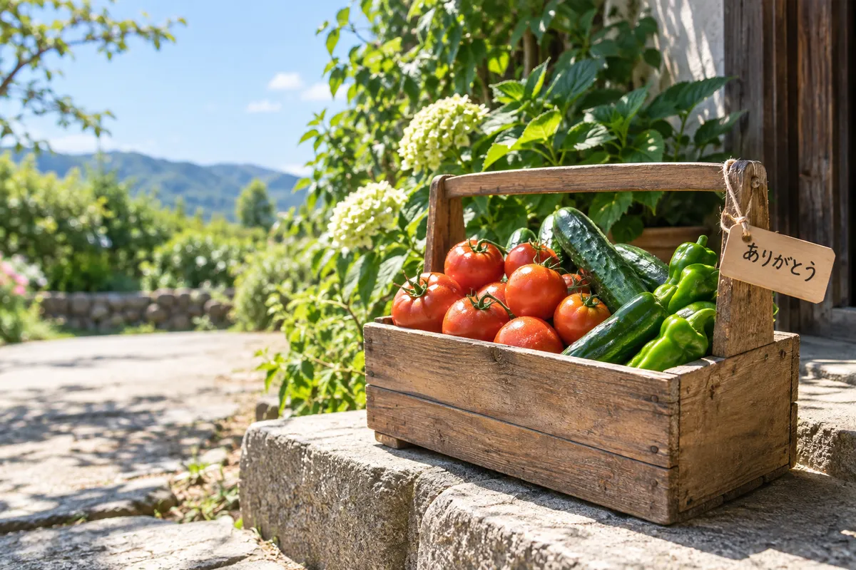 夏野菜の木箱に結ばれた「ありがとう」の木札