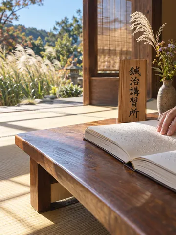 点字の本に触れる手と鍼治講習所と書かれた木の札
