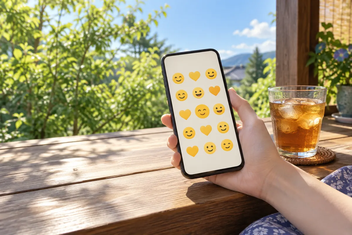 縁側でスマホの絵文字一覧を見る手元と麦茶