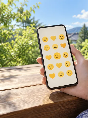 縁側でスマホの絵文字一覧を見る手元と麦茶
