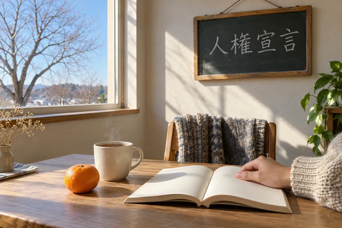 「人権宣言」と書かれた小さな黒板と本、湯気の立つお茶