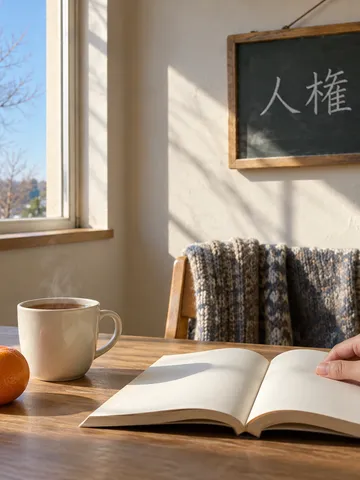 「人権宣言」と書かれた小さな黒板と本、湯気の立つお茶