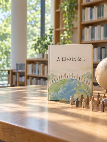 「人口のはなし」の本と木の地球儀、小さな人形