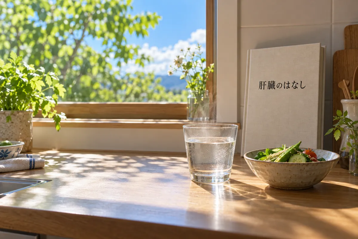 「肝臓のはなし」の本と白湯、夏の台所