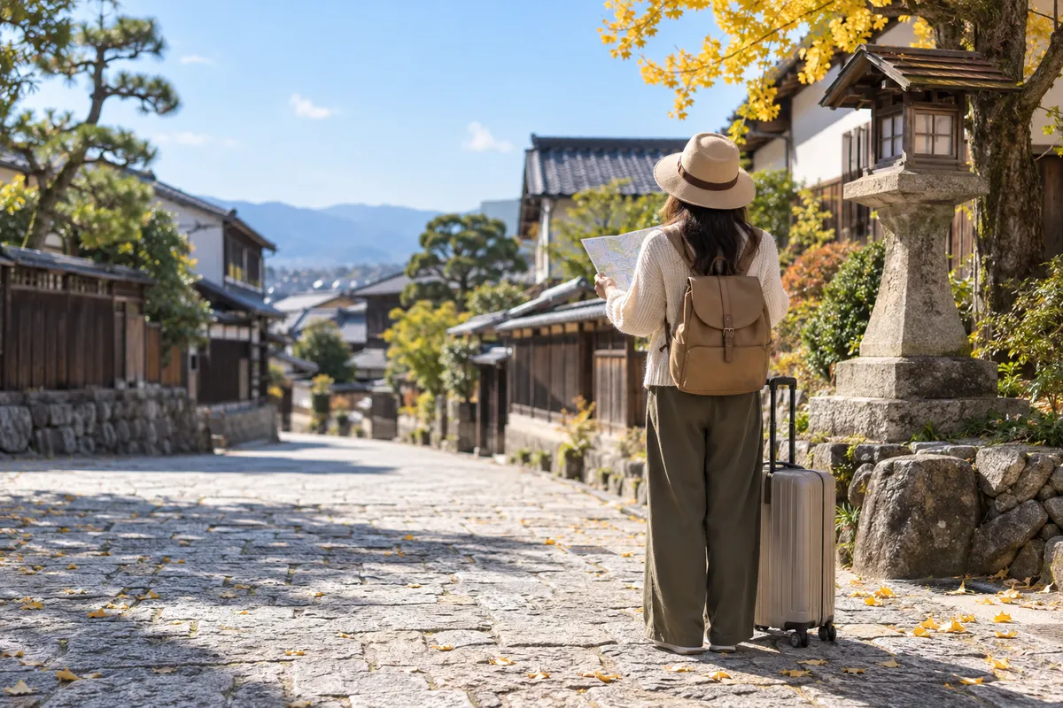 晴れた古い町の石畳で地図を持つ旅行者の後ろ姿
