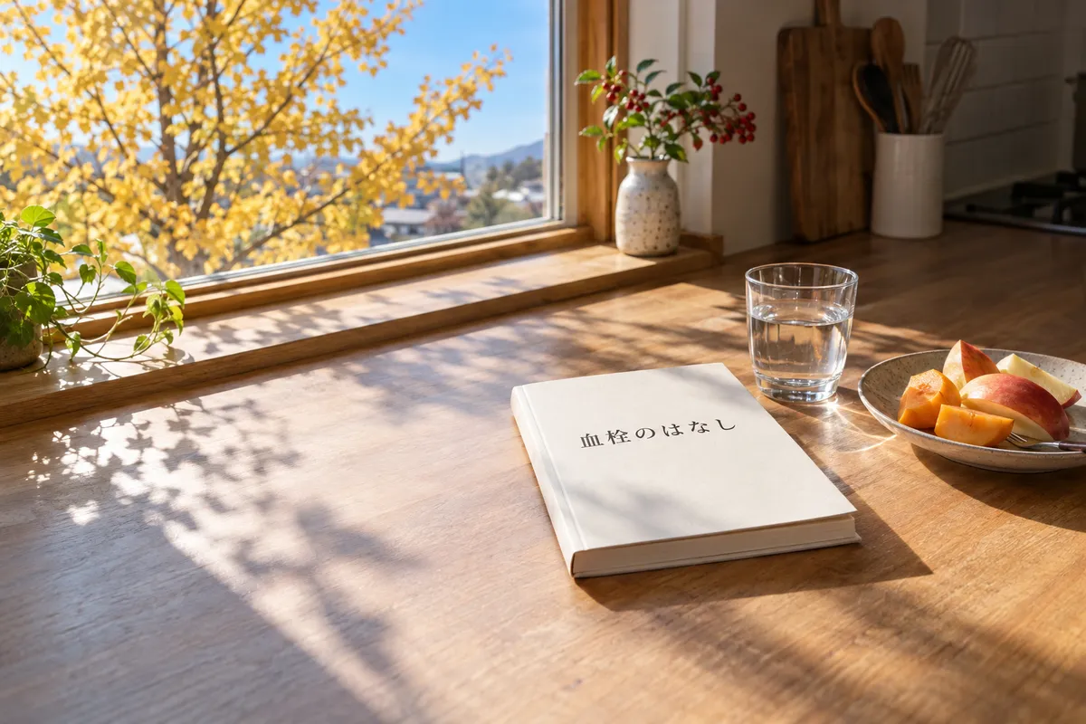 「血栓のはなし」の本と水のグラスがある秋の台所
