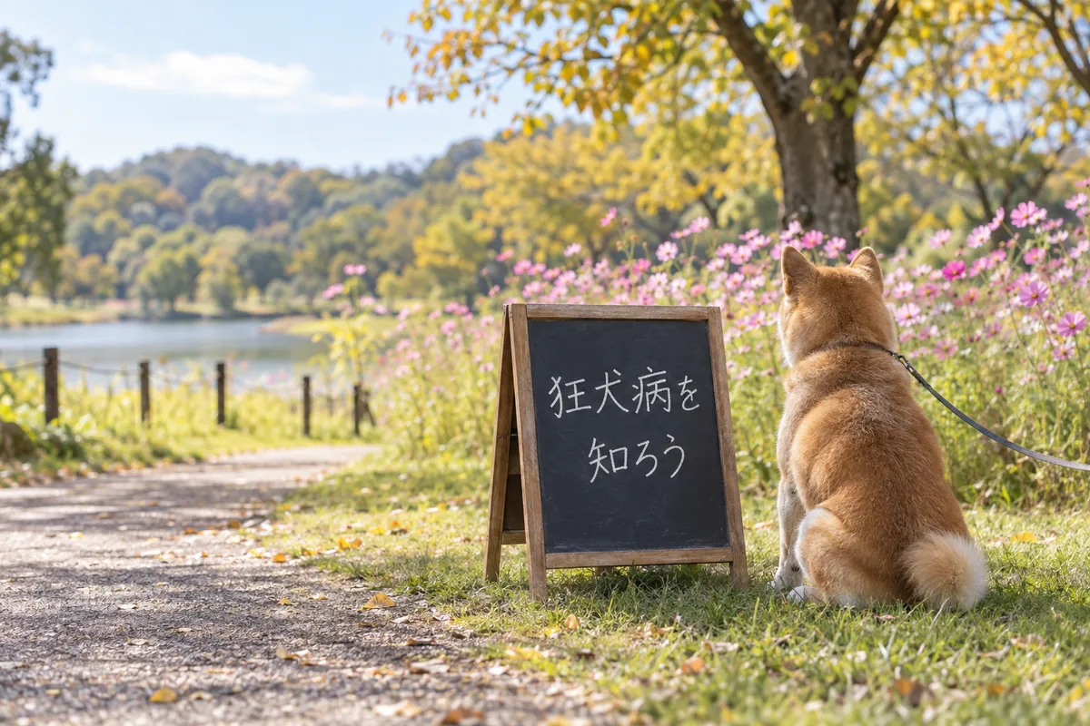 公園の黒板「狂犬病を知ろう」と後ろ向きの犬