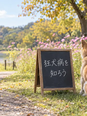 公園の黒板「狂犬病を知ろう」と後ろ向きの犬