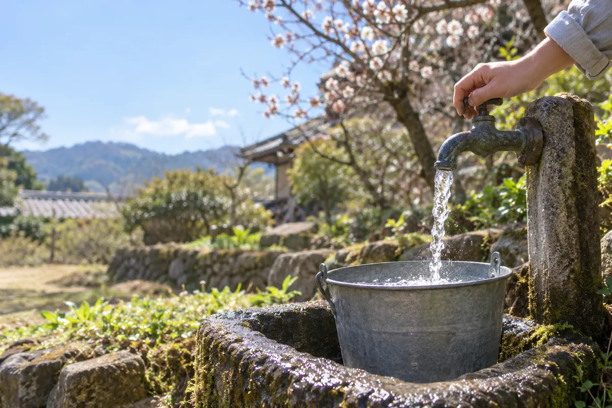 庭の水栓から桶に流れ込む澄んだ水