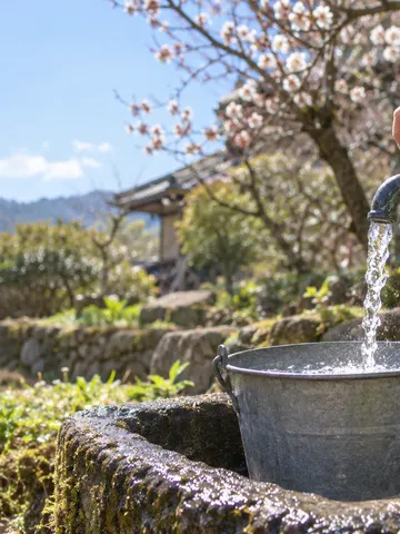 庭の水栓から桶に流れ込む澄んだ水