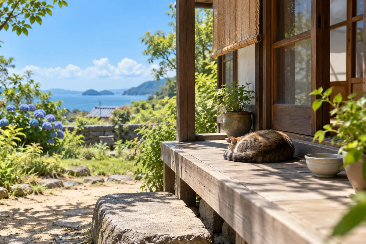 縁側の日なたで丸くなって眠る猫
