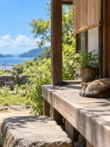 縁側の日なたで丸くなって眠る猫