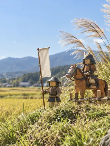 草の丘に並ぶ木製の武者人形と馬防柵の模型
