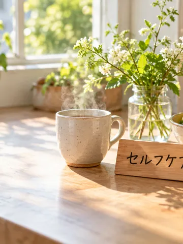 「セルフケア」の札と白湯、果物のある台所