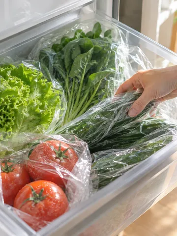 冷蔵庫の野菜室で透明な袋に入った新鮮な野菜