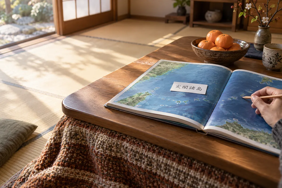 こたつの上の地図帳とみかん、尖閣諸島と書かれたメモ