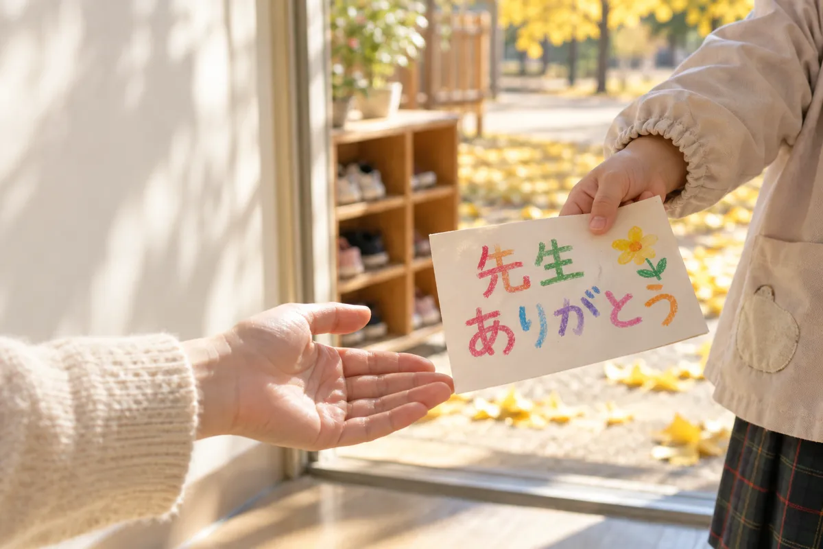先生に手書きのカードを渡す子どもの手