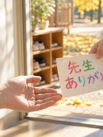 先生に手書きのカードを渡す子どもの手