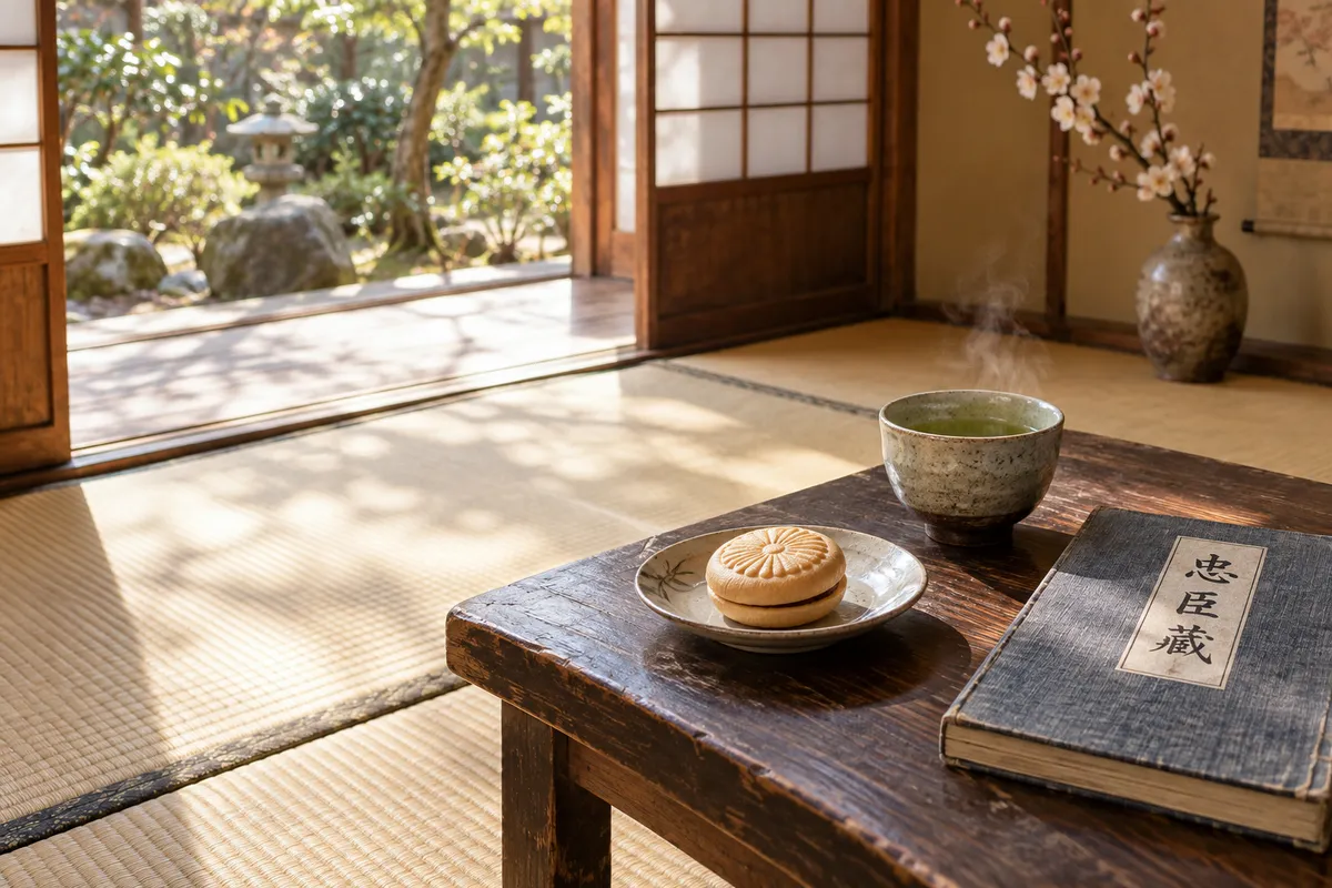最中とお茶、忠臣蔵の本が置かれた和室