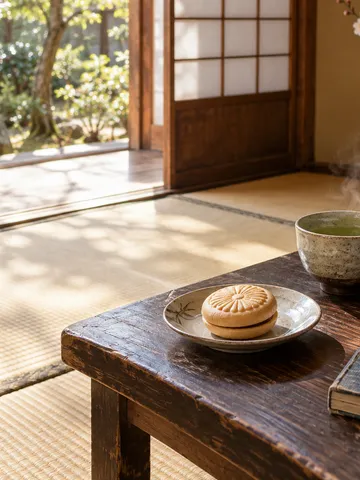 最中とお茶、忠臣蔵の本が置かれた和室