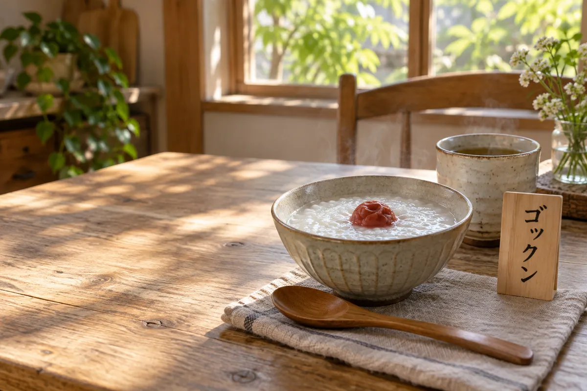 おかゆと湯のみ、「ゴックン」と書かれた木の札