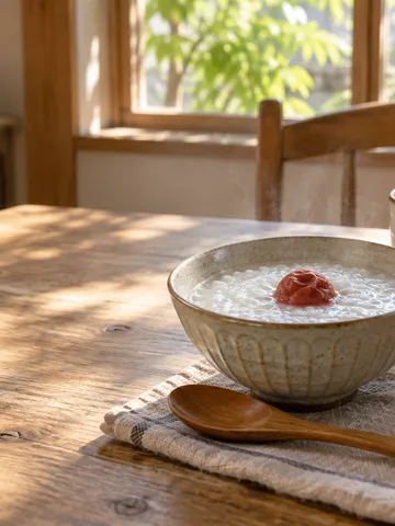 おかゆと湯のみ、「ゴックン」と書かれた木の札