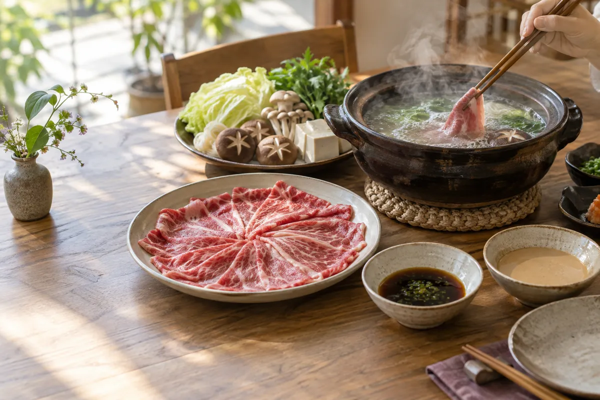 しゃぶしゃぶの鍋と薄切り肉、二種類のたれ