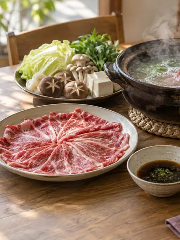 しゃぶしゃぶの鍋と薄切り肉、二種類のたれ