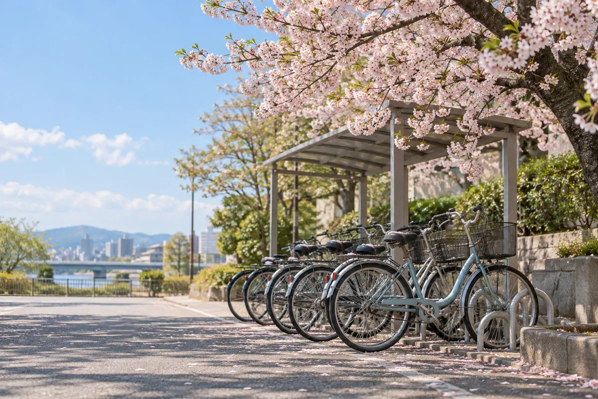 桜の下に並ぶシェアサイクルの自転車