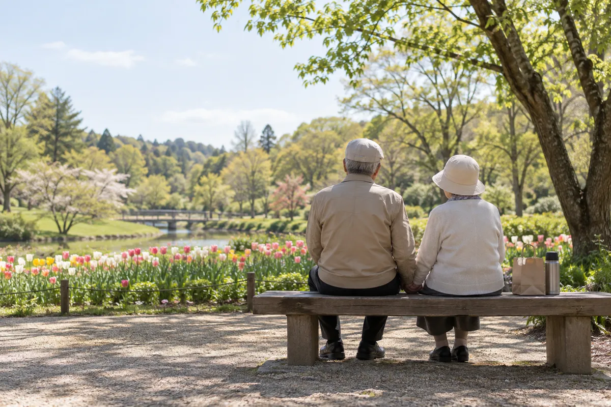 春の公園のベンチで手をつなぐ夫婦の後ろ姿