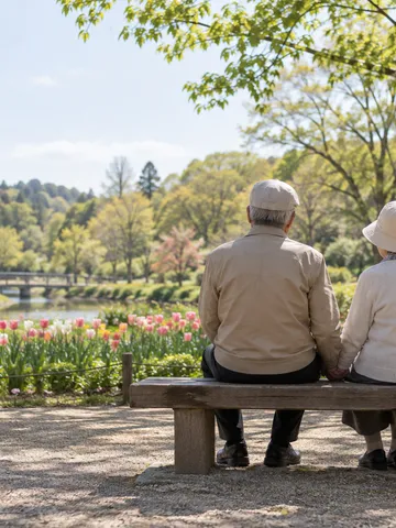 春の公園のベンチで手をつなぐ夫婦の後ろ姿