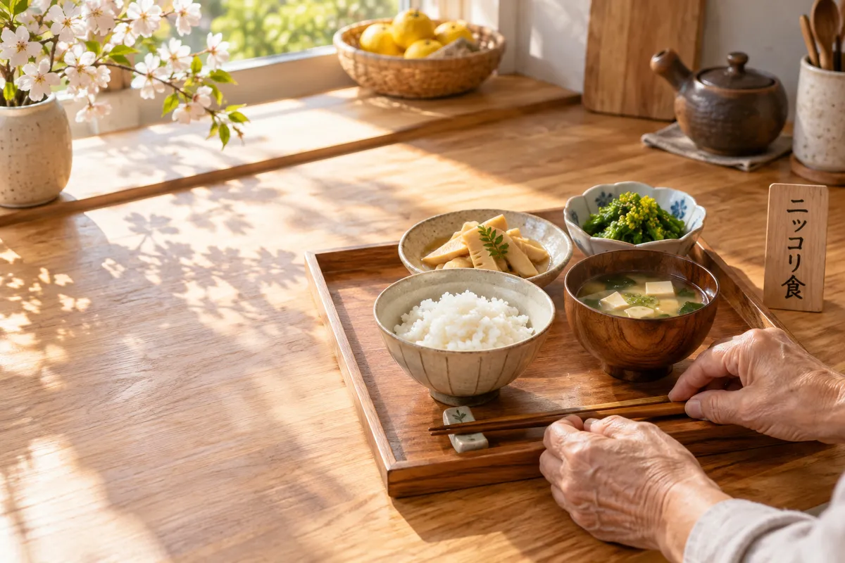 春の食卓と「ニッコリ食」と書かれた木の札