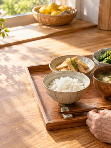春の食卓と「ニッコリ食」と書かれた木の札