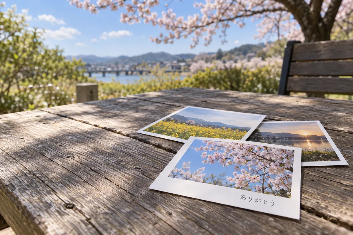 桜の下で、ありがとうと書かれた写真のプリント