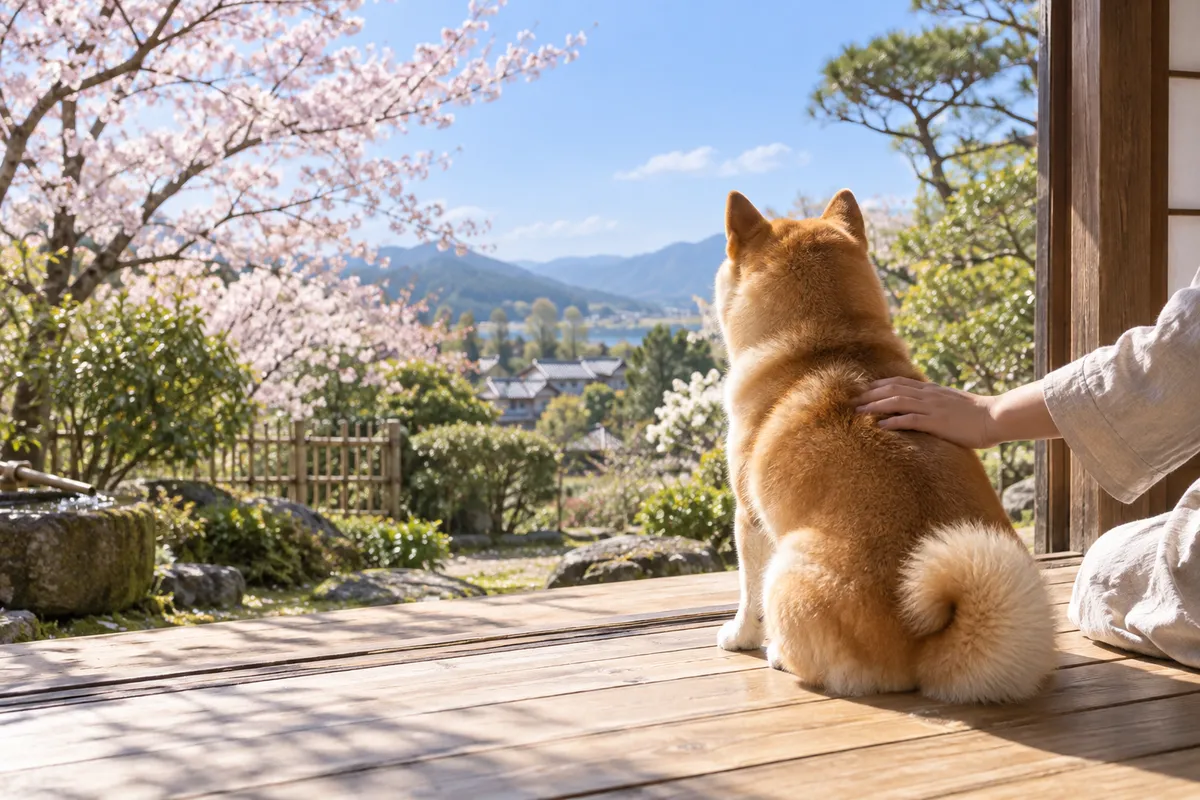 縁側で桜の庭を眺める柴犬の後ろ姿