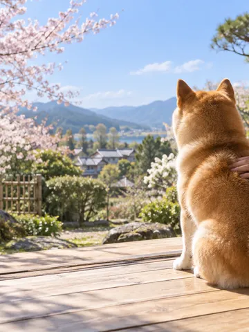 縁側で桜の庭を眺める柴犬の後ろ姿